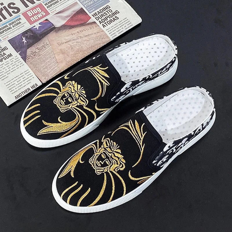 43 / Black embroidery Summer canvas loafer shoes men casual half slipper for men