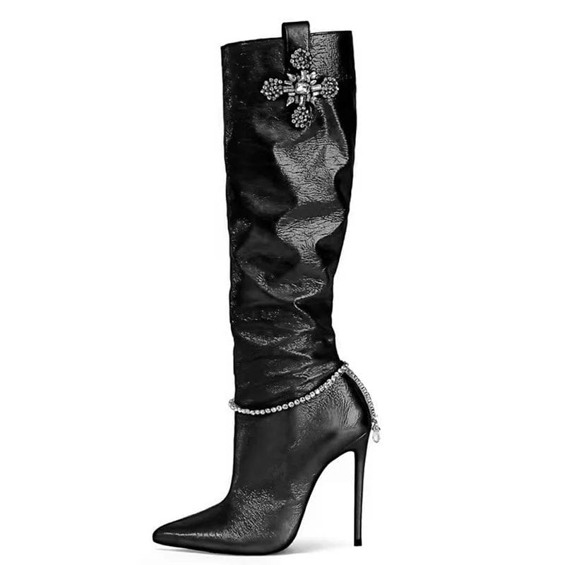 43 / Black Green Patent Stiletto Style High Slim Heels Shoes Women Pointed Toe Bling Rhinestone Long Booty  Diamonds Flower Knee High Boots