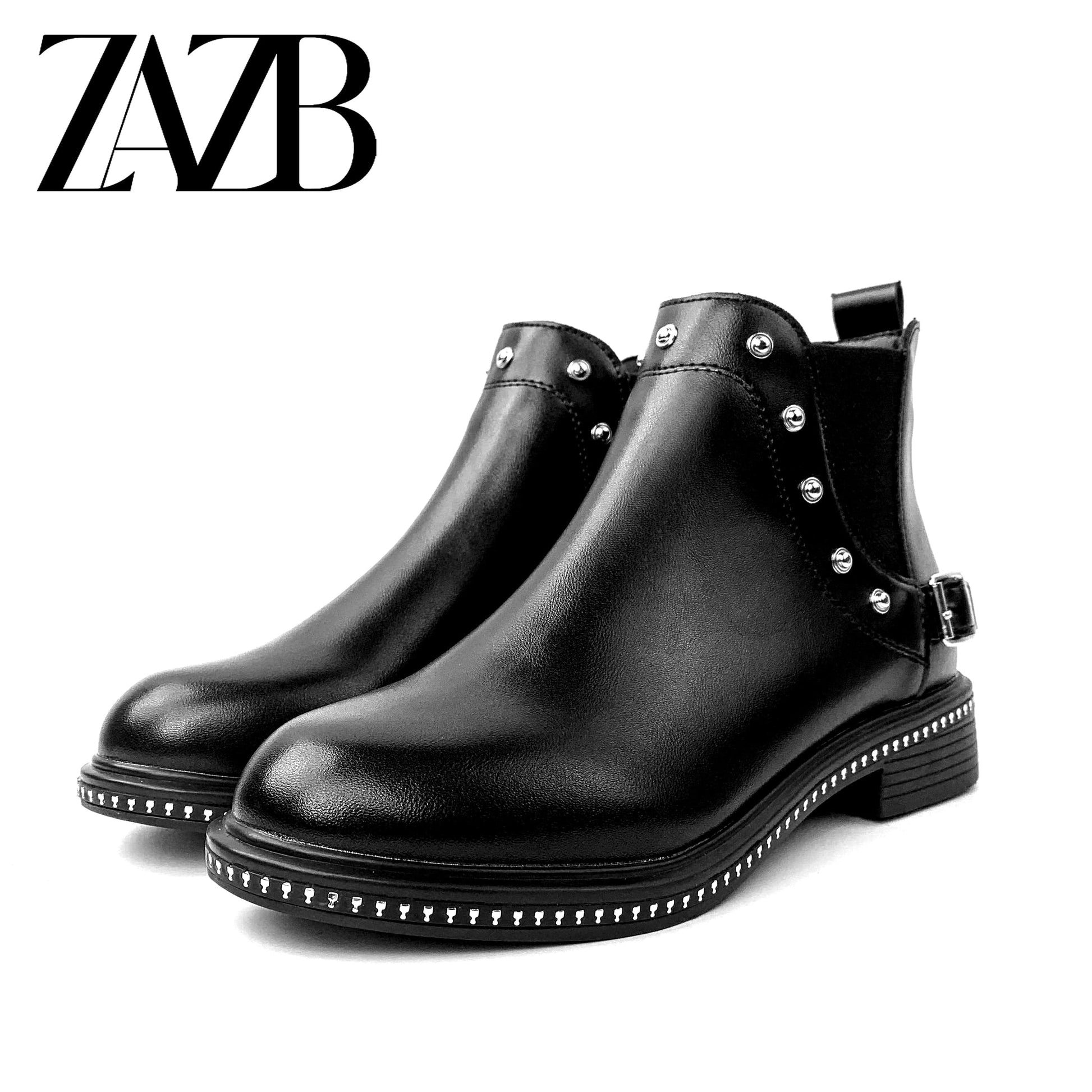 43 / Black New women's shoes black rivet groove shoes flat bottomed boots Vintage thick heel Martin boots Chelsea boots
