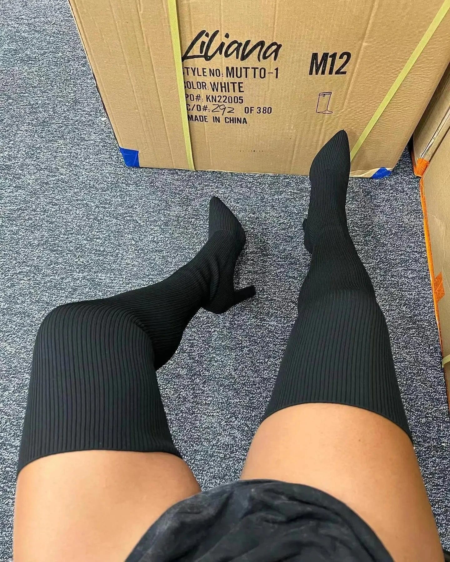 43 / Black Ready to ship fall and winter boutique ladies shoes women's ribbed knitted thigh high boots