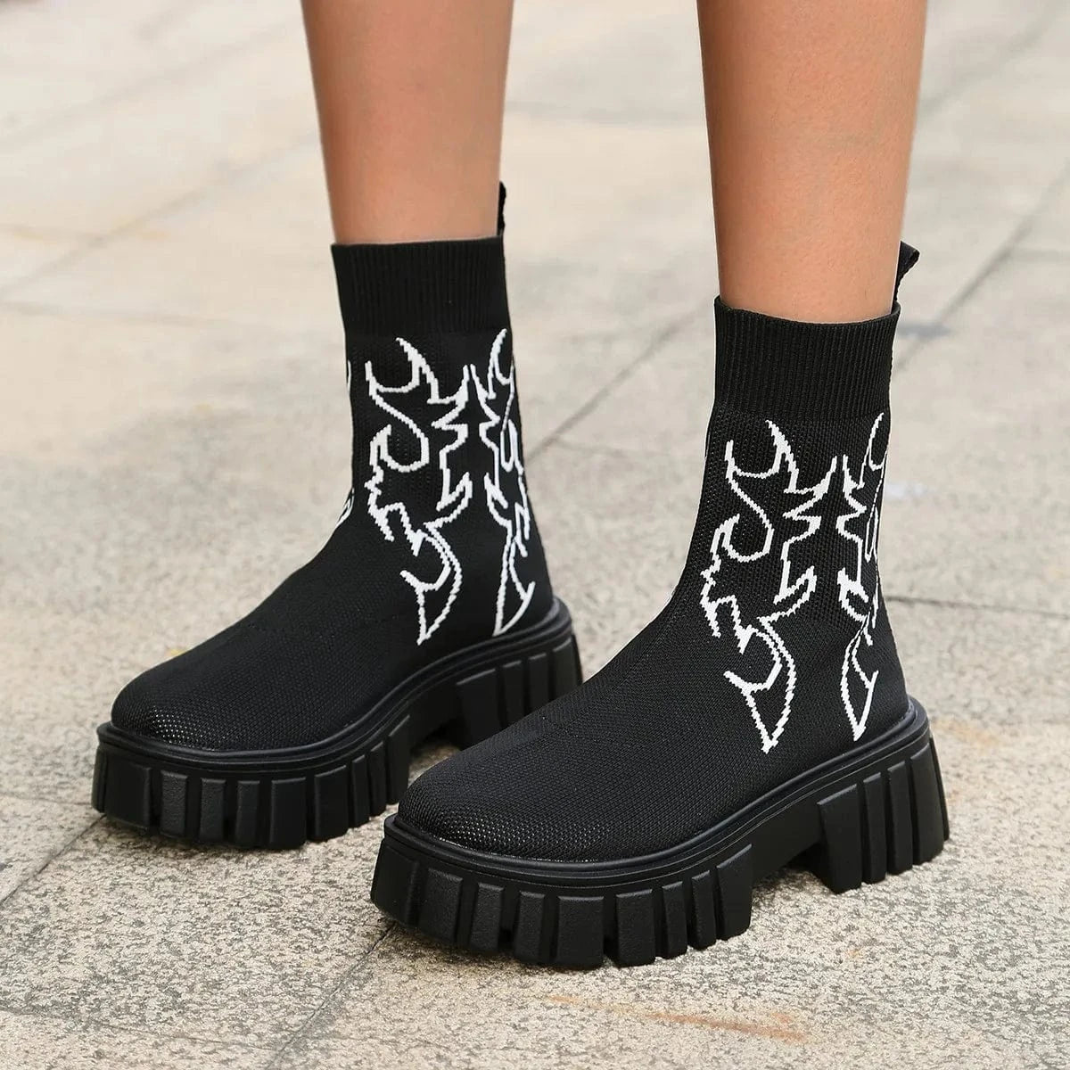 43 / Black Stock Chunky Heel Botte Pour Femme Sock Trendy Elastic Knitted Short Winter Slip on Women&#39;s Ankle Boots Black Women Shoes PU