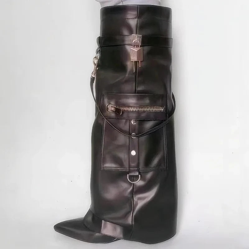 43 / Black Women's Lock Pointy Toe Knee-high Booties Lock Wedge Pants Booties Strap Pocket Metallic PU Camouflage Print Overlay Shoes