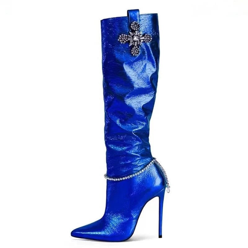43 / Blue Green Patent Stiletto Style High Slim Heels Shoes Women Pointed Toe Bling Rhinestone Long Booty  Diamonds Flower Knee High Boots