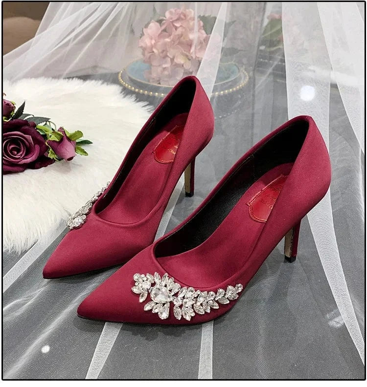 43 / Claret(7cm)` Luxury Big Crystal Mujer Wedding Sandals Female Pointed-toe Shallow Rhinestone Stilettos Spring Autumn Women High Heels