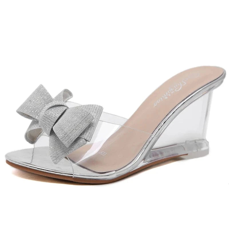 43 / Gold CY-18457 Summer Clear Jelly Shoes Ladies Custom Logo 8 CM High Heels Wedge Shoes Sandals Sexy Slipper for Women