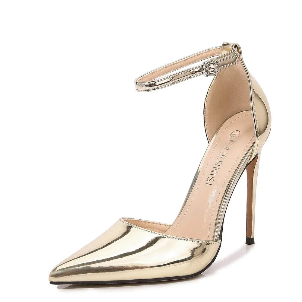43 / Gold PDEP  big size 46   women high heels  shoes with a straight ankle  buckle  point toe  ladies  stiletto thin heels for women