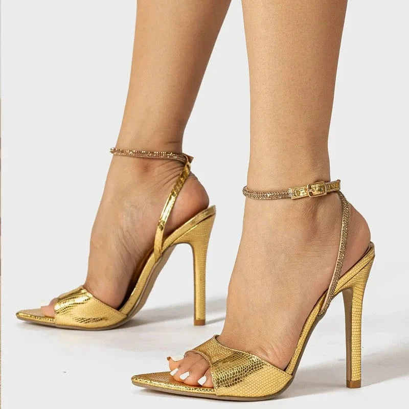 43 / Gold PDEP  high-heeled sandals female 2023 summer new thin heel PVC rhinestones gold ladies high heels sandales femme