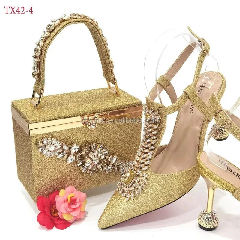 43 / Gold TX42   Italian Shoes with Matching Bags for Wedding Italy Woman Italian Shoes and Bags Set Decorated with Rhinestone Party Shoes