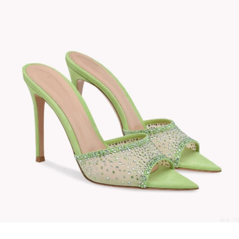 43 / Green Ubililia stiletto high heel rhinestone mesh peep toe slippers elegant women pointed toe mules shoes sexy ladies heeled sandals