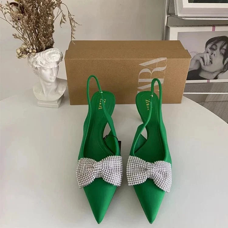 43 / Green Women's Luxury Newest High Heels Shiny Rhinestone Decoration Bowknot Slip-On Elegant Style Office Lady Thin Heels Shoes Hot