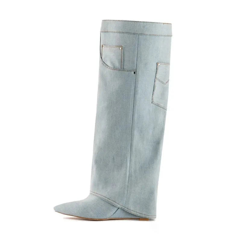 43 / light blue Custom Styles Women Blue Denim Overlay Knee High Boots Ladies High Wedge Heels Shoes Folded Pointed toe Long Booties