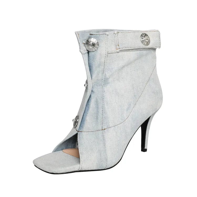 43 / light blue Summer Square Open Toe  High-Heeled Short Boots Denim Ankle Booty Women Stiletto Sandals Front Buckles Jeans Shoes