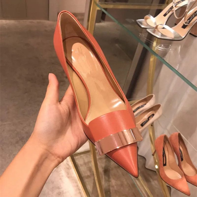 43 / Orange(7cm)` New Women Pointed-toe Shallow Buckle Stilettos Outside Office Ladies Dress Sandals Female Summer Autumn High Heel Pumps