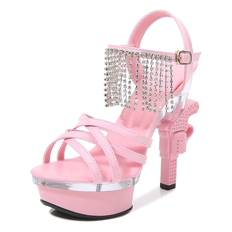 43 / Pink Attractive Design Ankle Strap High Heels 14 cm Exotic Strippers Heels Chunky Platform Sandals Women Shoes