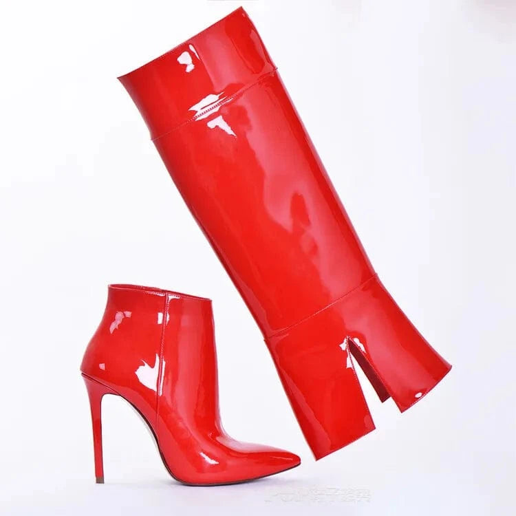 43 / Red Bright Patent Stiletto Style High Slim Heels Shoes Women Pointed Toe 2 Wear ways Booty Removable Upper Knee High Boots