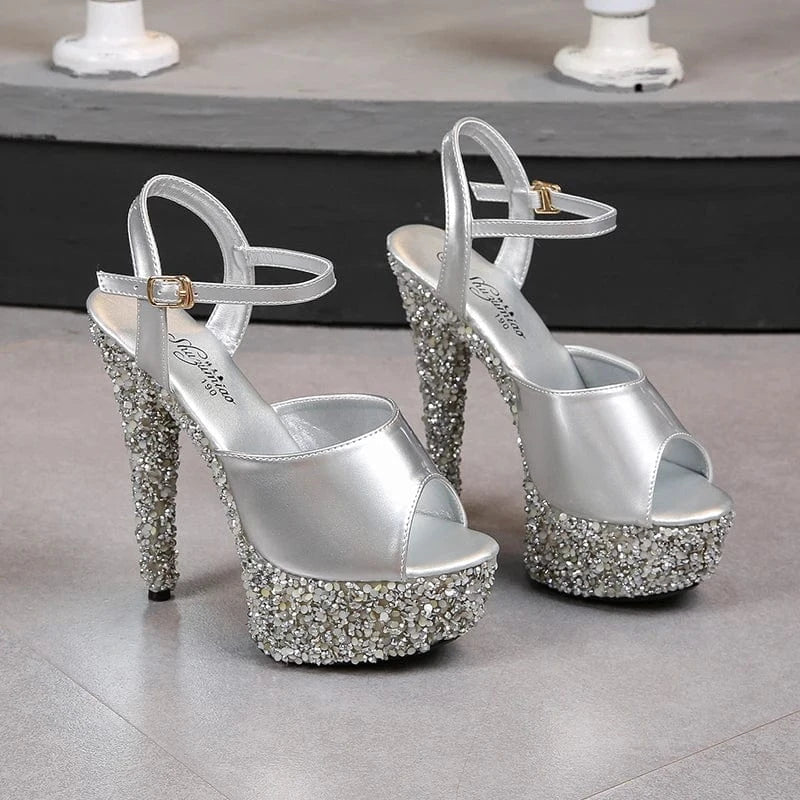 43 / Silver 13 cm Trendy Summer Shoes Women 13 CM Strippers Heels Glitter Platform Sandals Sexy Buckle Straps Pole Dance Shoes Women