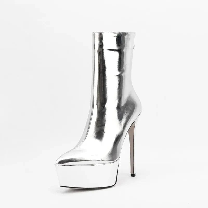 43 / silver Banquet Botas Ladies Fall Winter High Heels Metallic Boots Women Thick Sole Back Zipper Pointy Toe Platform Heels Mid Calf Boots
