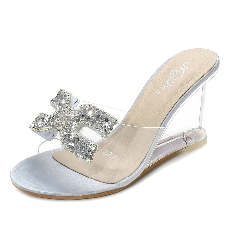 43 / Silver CY-18454 Summer Clear Jelly Shoes Ladies Custom Logo 8 CM High Heels Wedge Shoes Sandals Sexy Slipper for Women