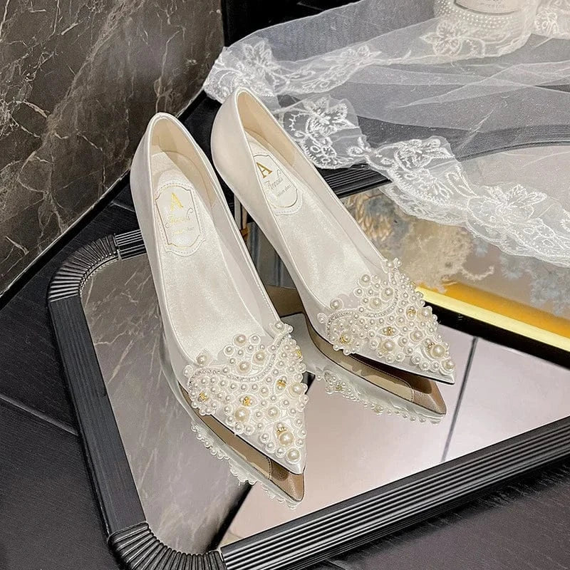43 / White 7cm Women Silk Satin Bridal Wedding Shoes Pointed Toe Pearls Elegant Classy Dress Shoes For Banquets High Heels Pumps Stilettos