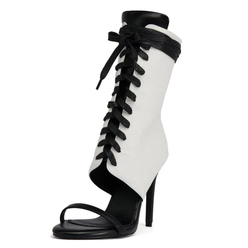 43 / White Women's Lace Up Summer Short Boots Single Band Back Zipper Ankle Boots Thin High Heels Sandals Stiletto Shoes