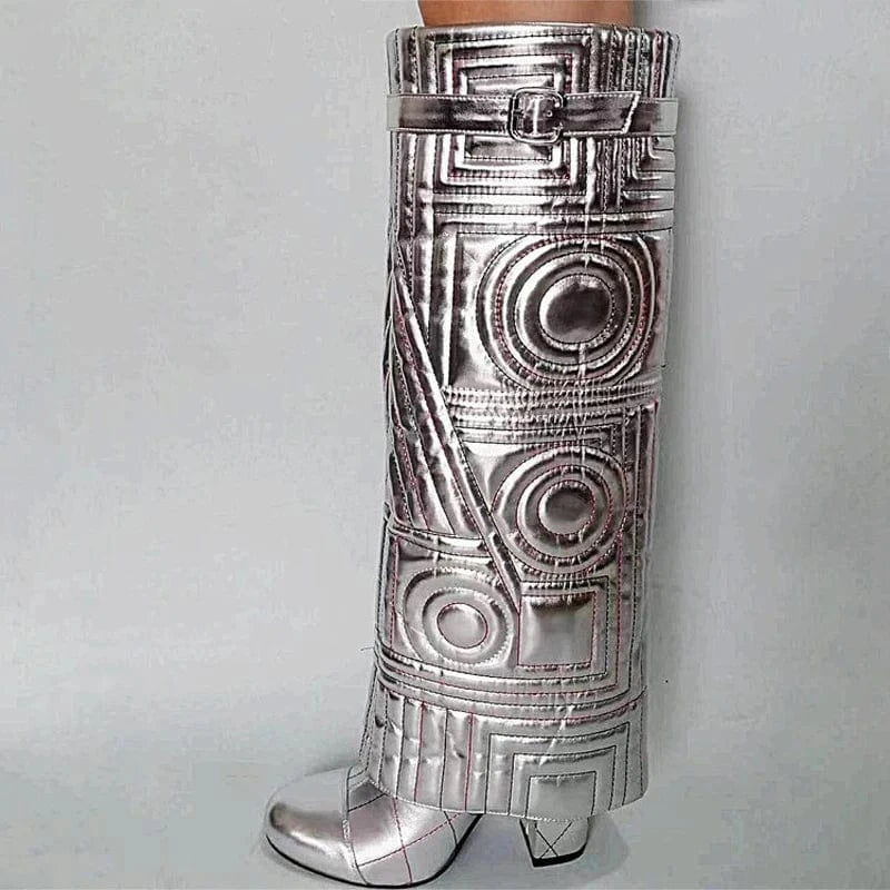 44 / silver Sewing Embroidery Overlay Long Booties Women Slip On Knee High Boots Round Toe Pants Shoes Chunky Heels Unique Design