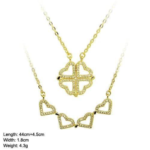 44cm+4.5cm ext / Yellow Gold Hearts Four Leaf Clover Style 925 Sterling Silver Necklaces Magnetic Couple Heart Necklace Jewelry