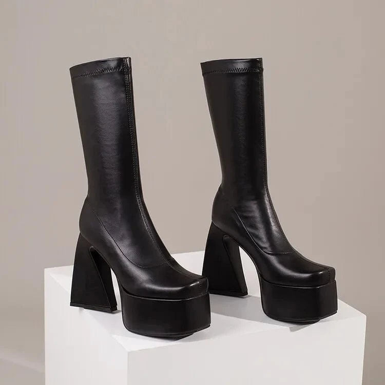 45 / Black Stylish Stretch Half Knee High Platform Boots Women Chunky Heels Shoes Large Size 48 Slip on Calf Booties Wide Fit Ladies Booty