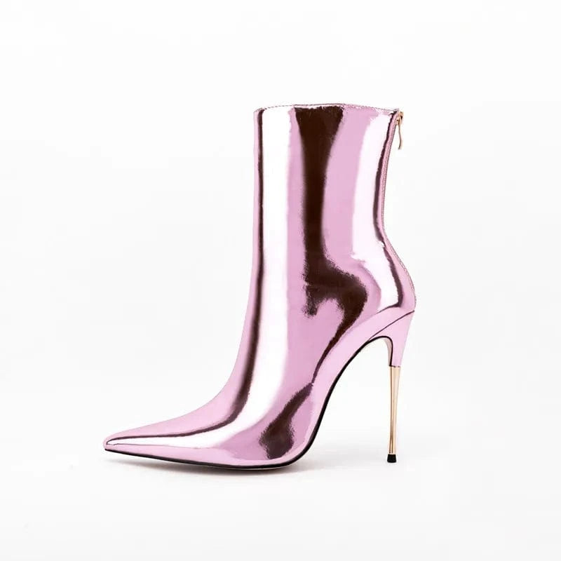 45 / Pink Bota Feminina 2022 Ladies Fashion Metallic Casual Shoes Women Mirror Leather Pointy Toe Stiletto Heels Short Boots Ankle Booties
