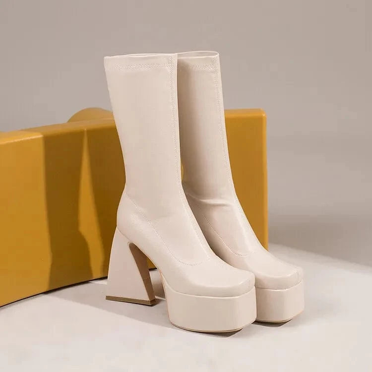 46 / Beige Stylish Stretch Half Knee High Platform Boots Women Chunky Heels Shoes Large Size 48 Slip on Calf Booties Wide Fit Ladies Booty