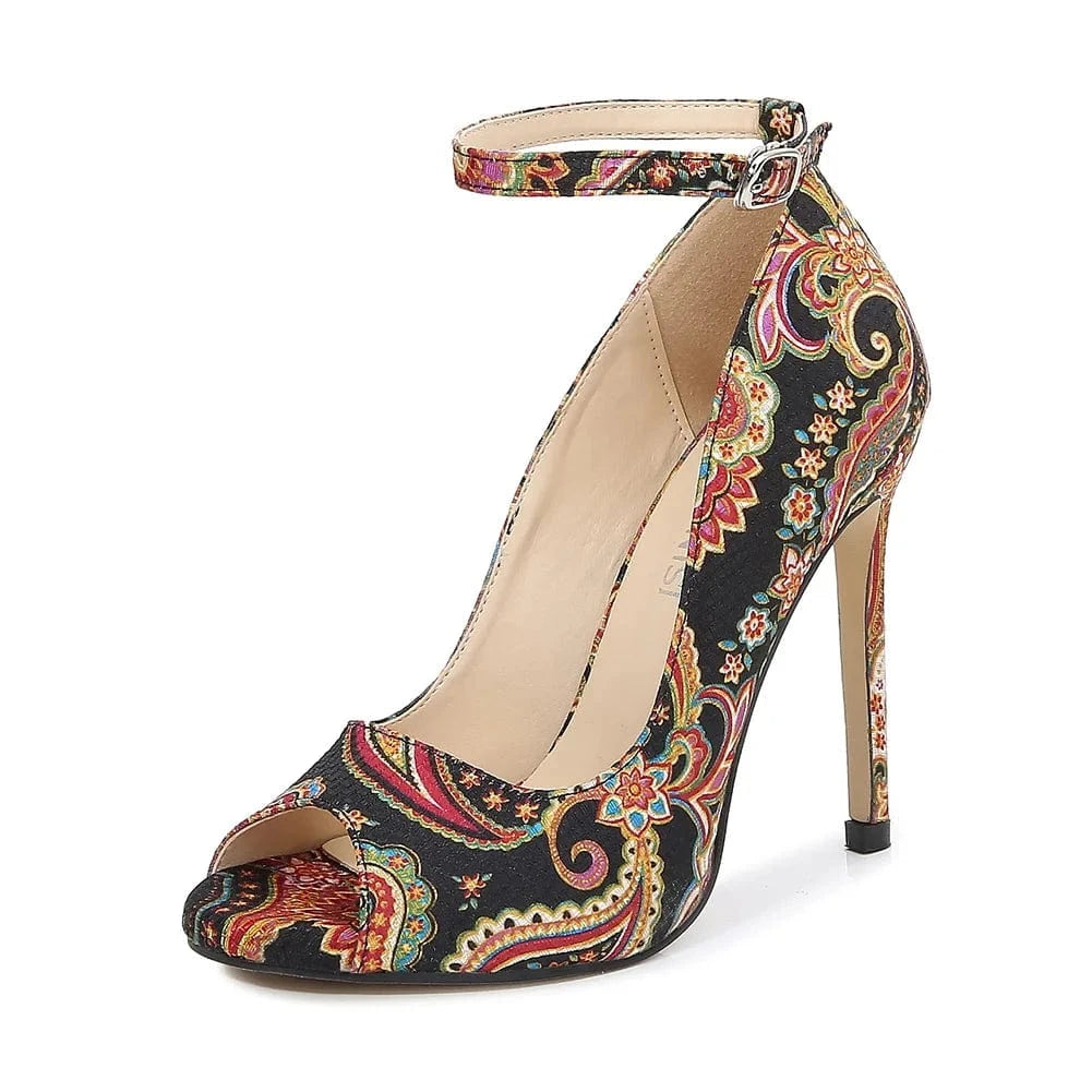 46 / black sh12414a Women Classic Pumps Extreme High Heels 11cm Sexy Stilettos Ladies Pointed Toe Shoes Printed Ankle Strap Heels