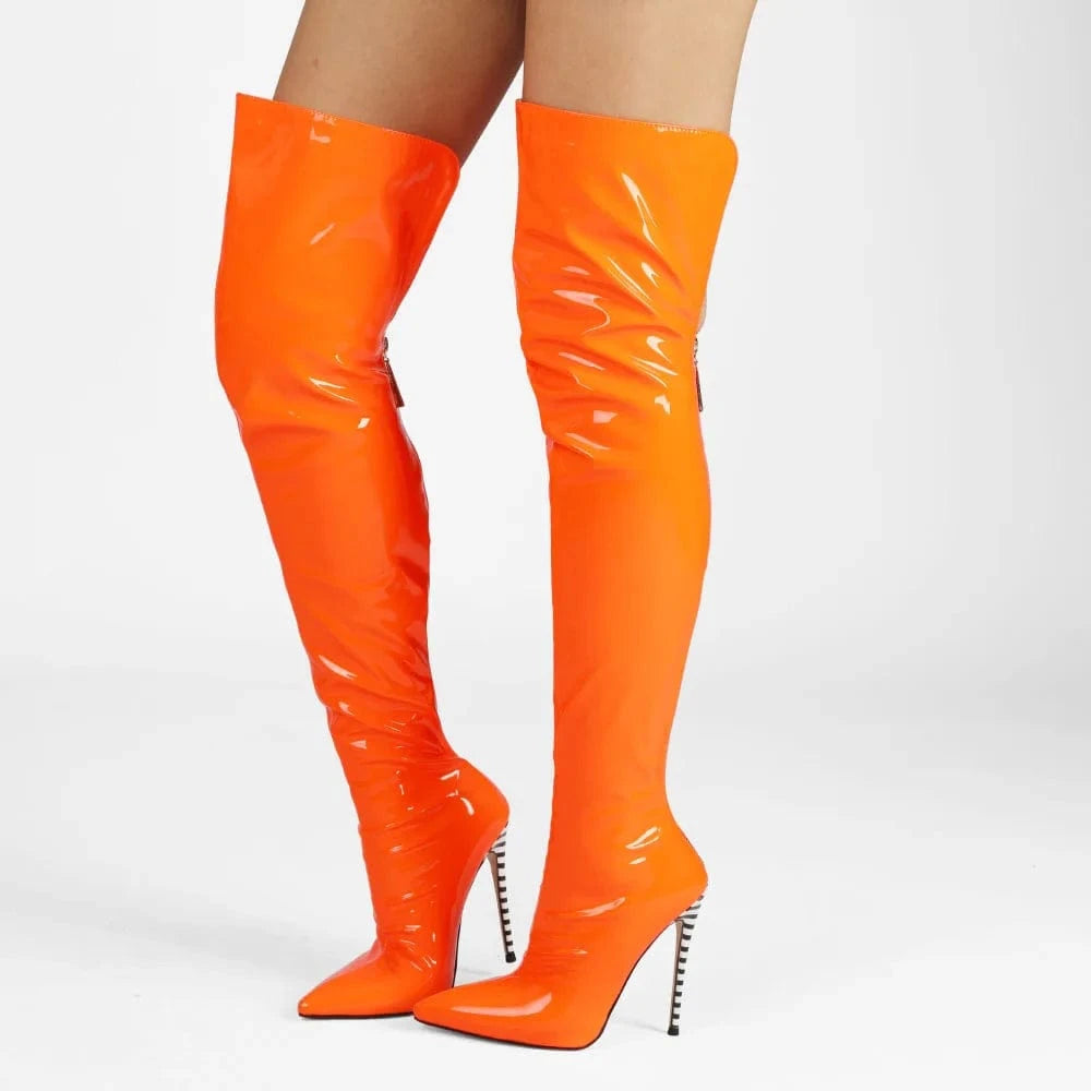 46 / Orange Botas Altas Fashion Designer Women Jelly Autumn Winter Long Boots Ladies Pointed Toe Thin High Heel Party Dress Thigh High Boots