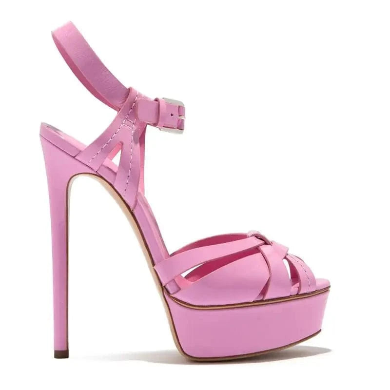 46 / Pink Black 15cm Stilettos Peep Toe Buckle Strap High Heels Sandals For Women Platform Shoes