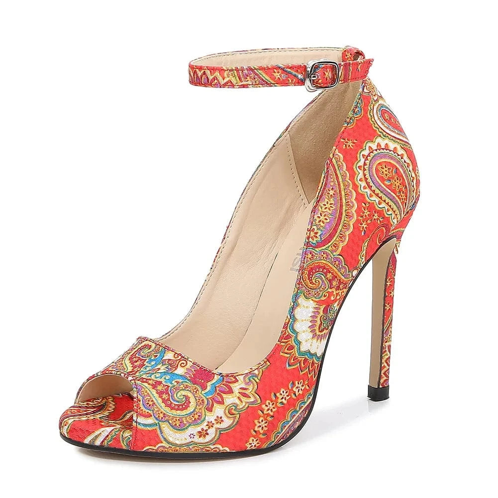 46 / red sh12414a Women Classic Pumps Extreme High Heels 11cm Sexy Stilettos Ladies Pointed Toe Shoes Printed Ankle Strap Heels