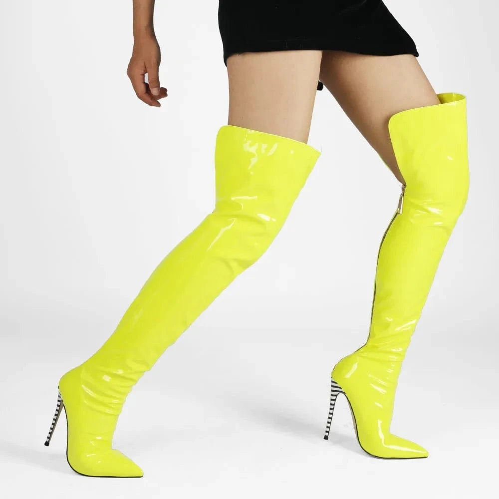 47 / Yellow Botas Altas Fashion Designer Women Jelly Autumn Winter Long Boots Ladies Pointed Toe Thin High Heel Party Dress Thigh High Boots