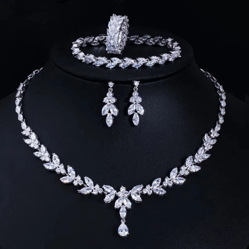 4pc/set-ring size 6 Korean minimalist wedding jewelry sets 4pc luxury leaf CZ zircon bridal stud earrings band ring pendant choker necklace set