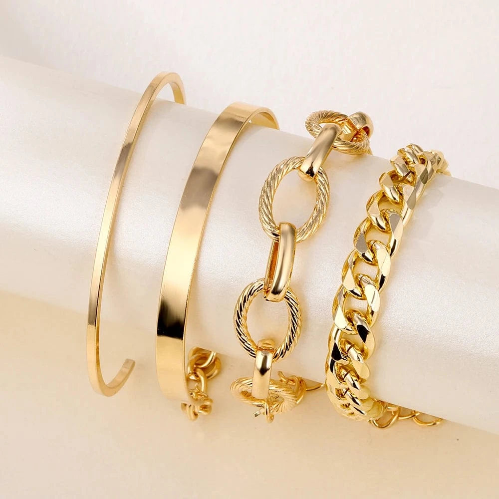 4Pcs Punk Heavy Metal Big Thick Chain Bracelet Set Women Retro Geometric Metal Twist Chain Bangles Bracelet Fashion Jewelry
