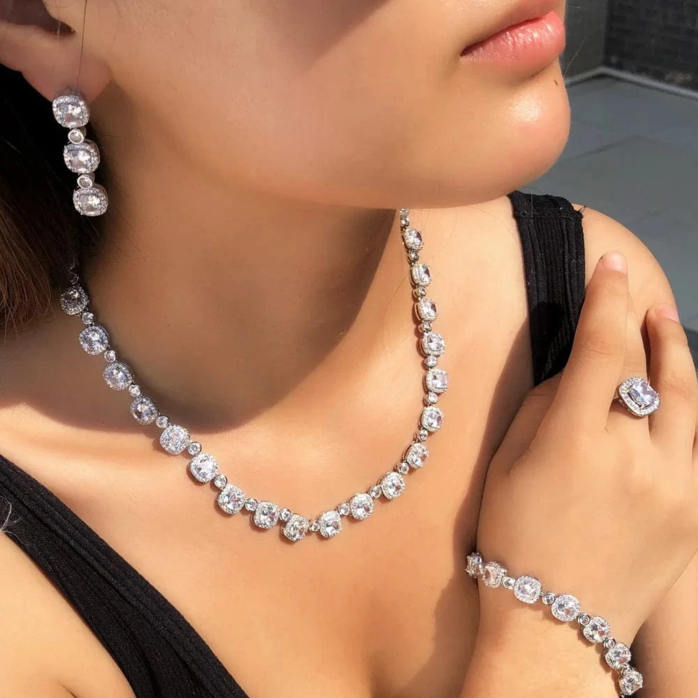 4Pcs Square Big Cubic Zirconia Paved Women Wedding Party Necklace Earring Bracelet Rings Bridal Costume Jewelry Sets