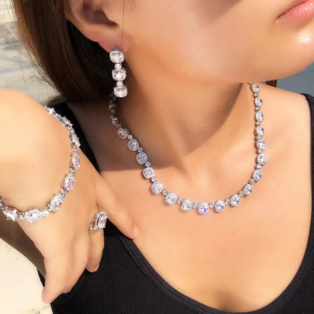 4Pcs Square Big Cubic Zirconia Paved Women Wedding Party Necklace Earring Bracelet Rings Bridal Costume Jewelry Sets