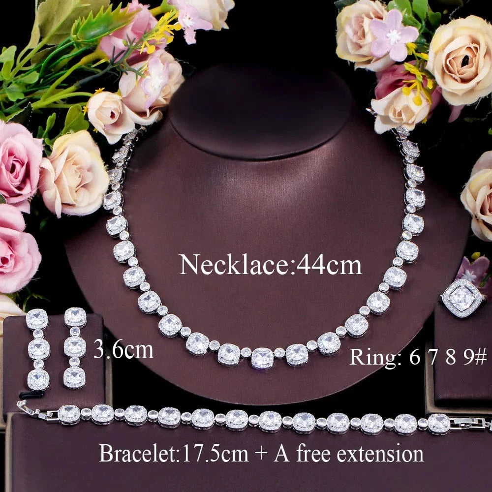 4Pcs Square Big Cubic Zirconia Paved Women Wedding Party Necklace Earring Bracelet Rings Bridal Costume Jewelry Sets