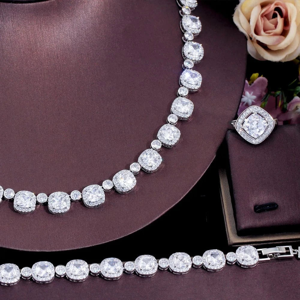 4Pcs Square Big Cubic Zirconia Paved Women Wedding Party Necklace Earring Bracelet Rings Bridal Costume Jewelry Sets
