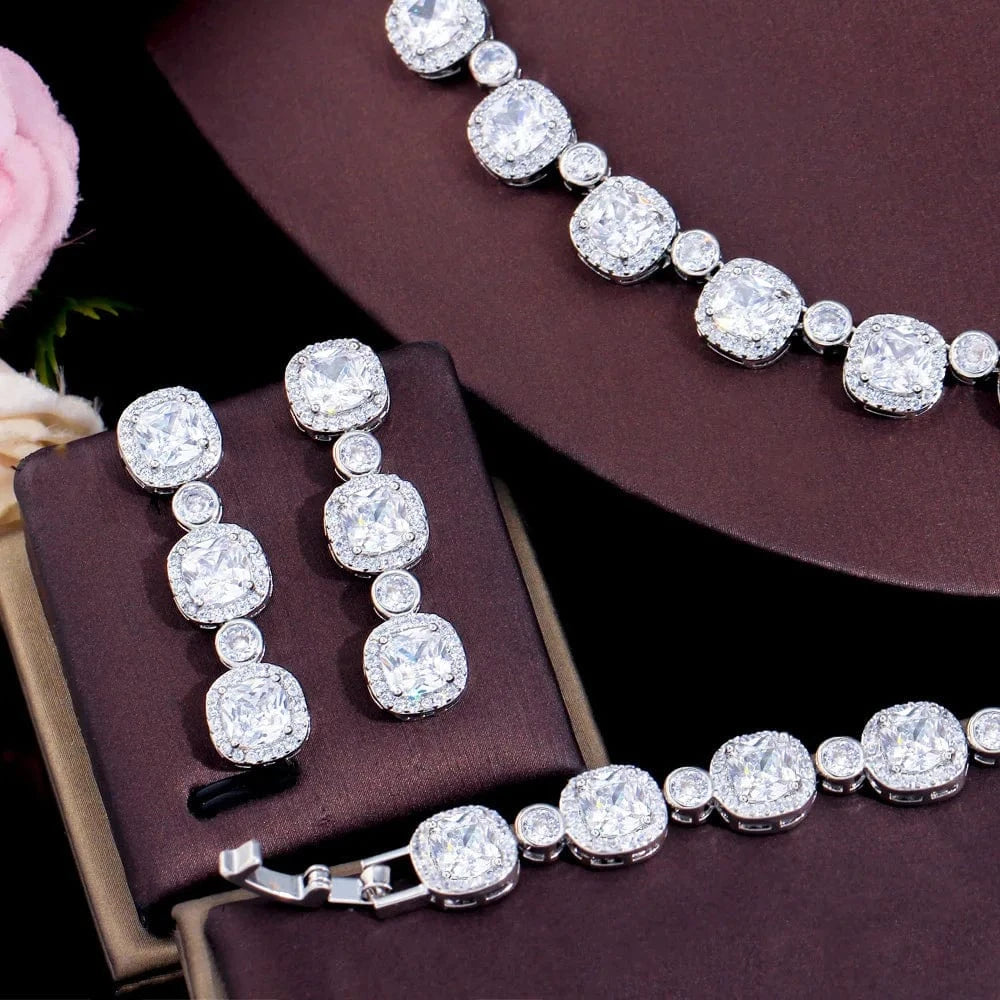 4Pcs Square Big Cubic Zirconia Paved Women Wedding Party Necklace Earring Bracelet Rings Bridal Costume Jewelry Sets