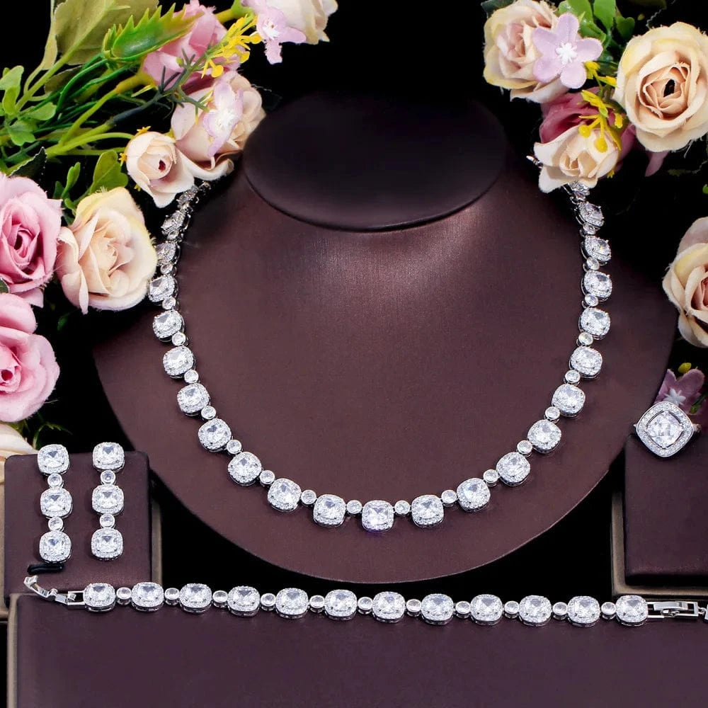 4Pcs Square Big Cubic Zirconia Paved Women Wedding Party Necklace Earring Bracelet Rings Bridal Costume Jewelry Sets