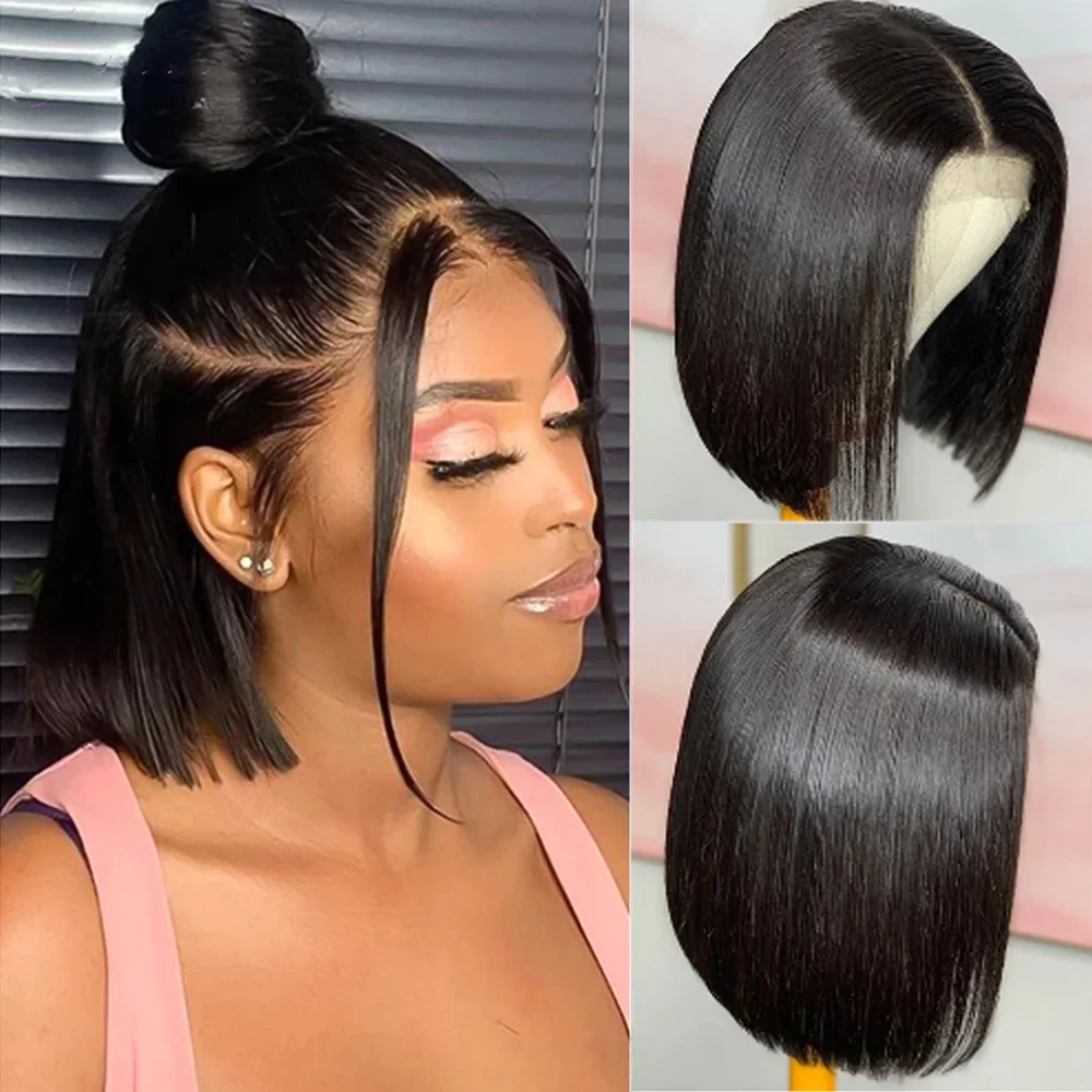 4x4 Bob Wig / CHINA / 14inches|180% Straight Short Bob Wig 13x4 Lace Front Human Hair Wigs for Women Transparent Lace Frontal Wig Bleached 4x4 Pre Plucked Bob Wig