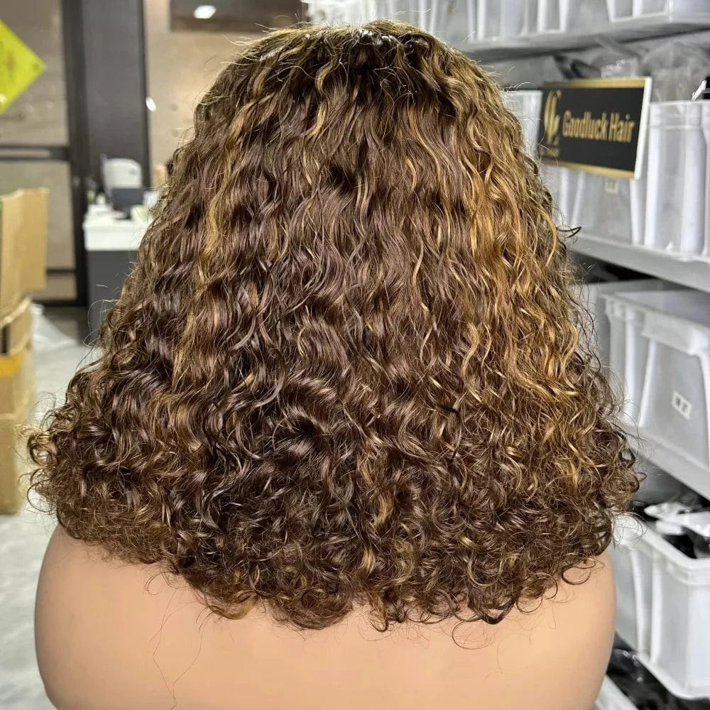 4x4 highlight bob water wave / 12 Inches Lace Front Curly Bob Wigs Raw Vietnamese Virgin Human Hair Brown Ombre Highlight Bob Loose Wave Glueless Minimalist HD Lace Wig