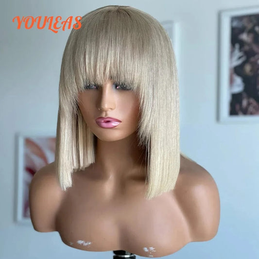 4x4 Lace Closure Wig / 14inches / 250% 613 Blonde Short Bob Straight Transparent Lace Closure Glueless Wig Human Hair Ready To Wear With Bangs Pixie Cut Bob Wigs