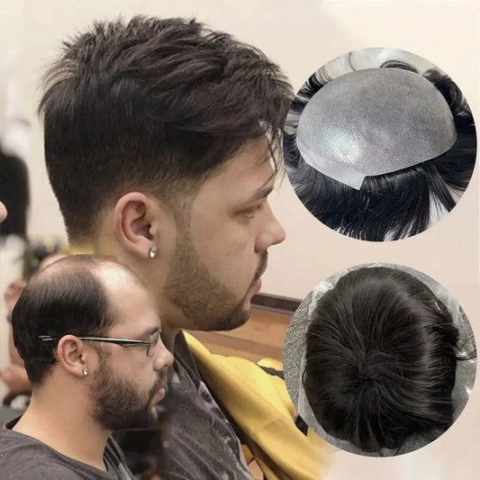 4X5 / Black / 6inches Wholesale Human Hair 0.04 mm 0.06 mm Injected Super Thin Skin PU Base Invisible Knots Natural straight Hairline Toupee For Men