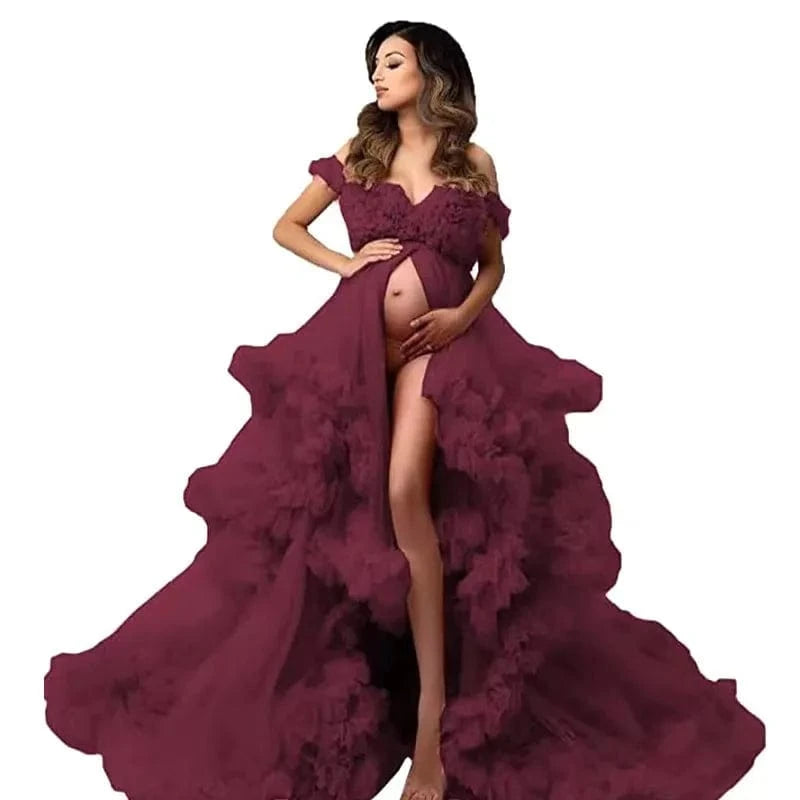 4XL / dark red 2024 new arrival Tiered Ruffle Photography Off Shoulder Maternity Pregnancy Dress Women Fluffy Tulle Dresses for Baby Shower