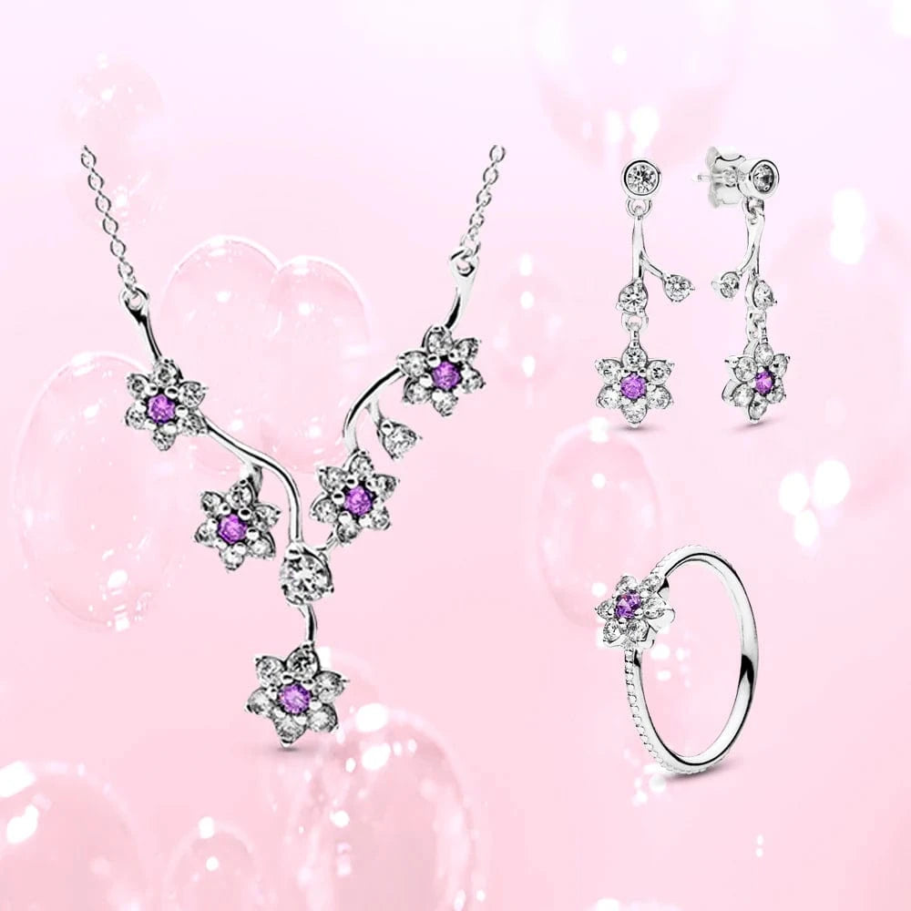5 / 45cm Charm Jewelry Set Flower Necklace Shining Chains Flower Ring Shining Earring Silver Jewelry