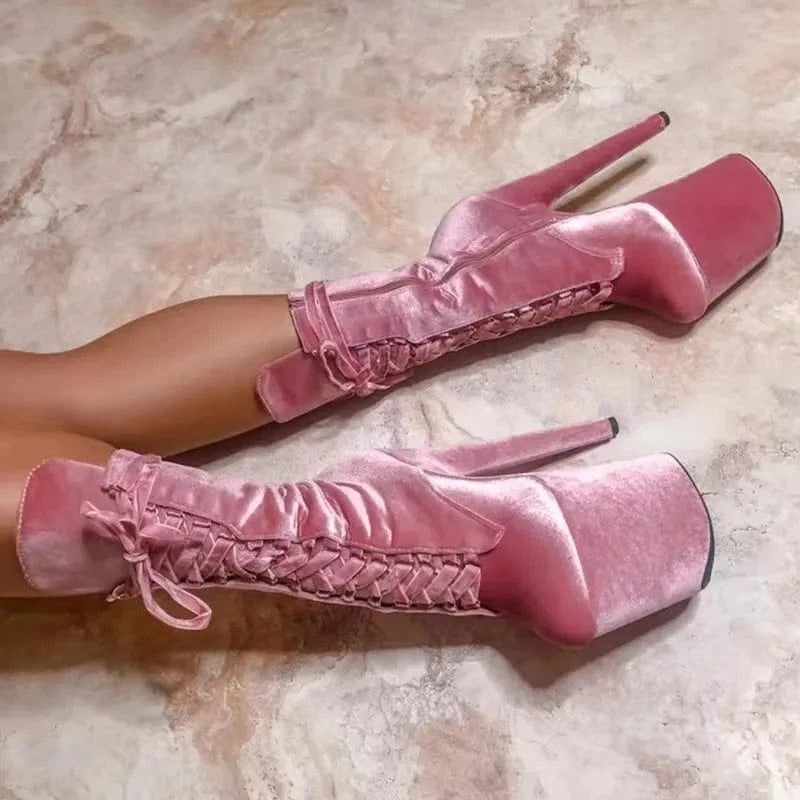 5.5 / Pink 8 inch-20cm Suede lace up platform short boots fashion walking pole dance female boots stripping large size sexy fetish night