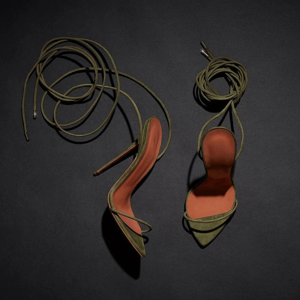 5 / Brown green Custom logo  drop shipping denim lace up high heel sandal 2023 high quality women heels